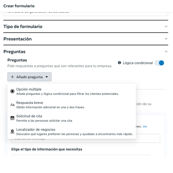 opciones de pregunta leadgen - email marketing y Facebook Ads