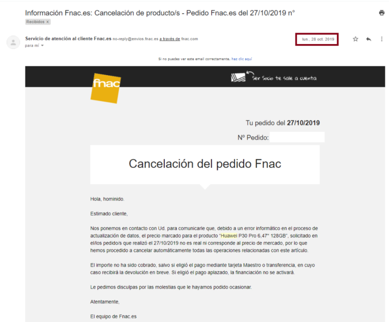 Marcas que hablan con clientes a través del emailCancelación de pedido Fnac