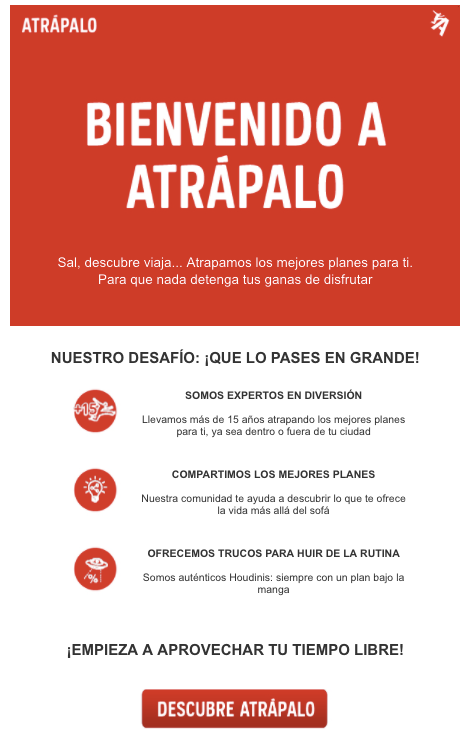 Ejemplo de campaña de bienvenida de Atrápalo