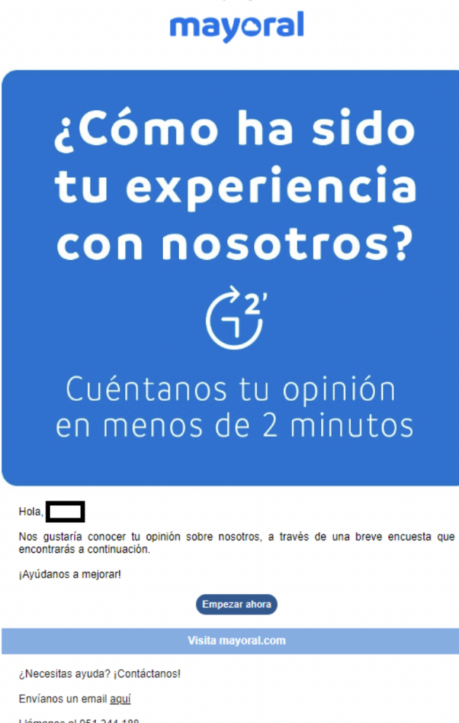 Email con encuesta sobre satisfacción post-compra 