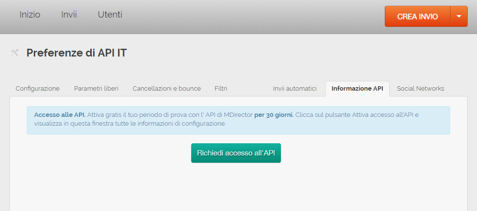 misurare le vendite generate via mail: Richedi acceso all'API