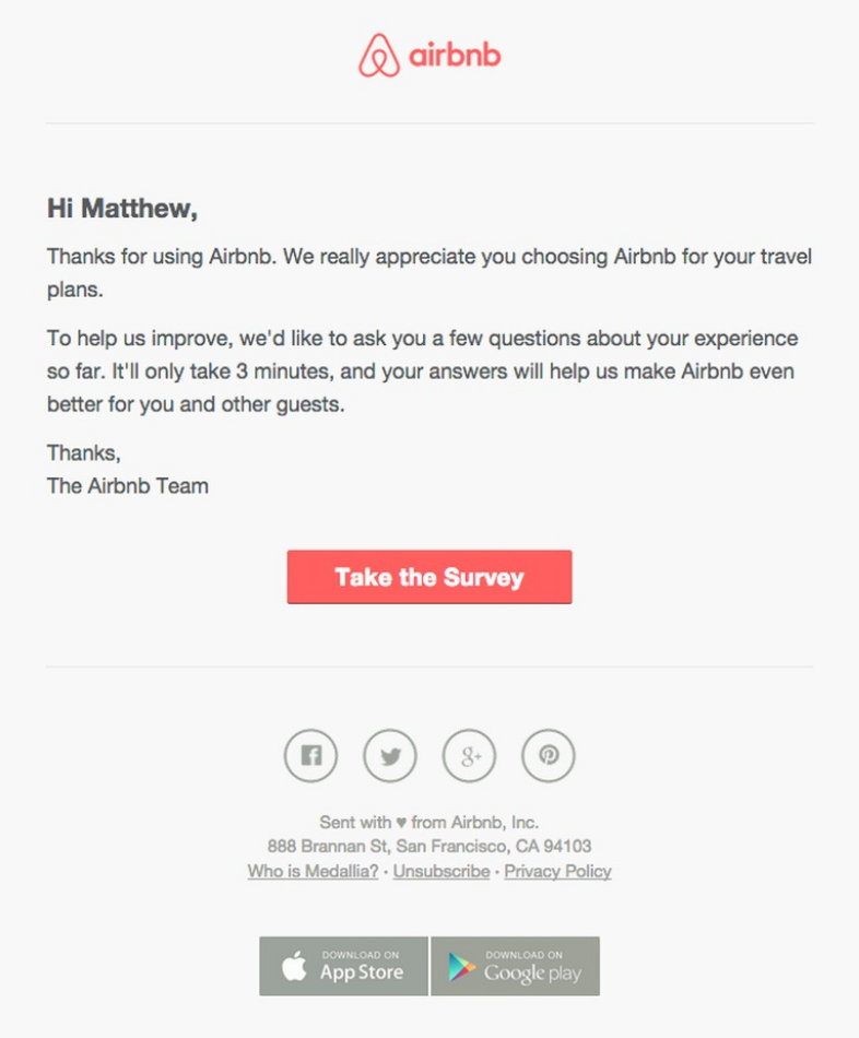 Agradecimiento y encuesta de Airbnb