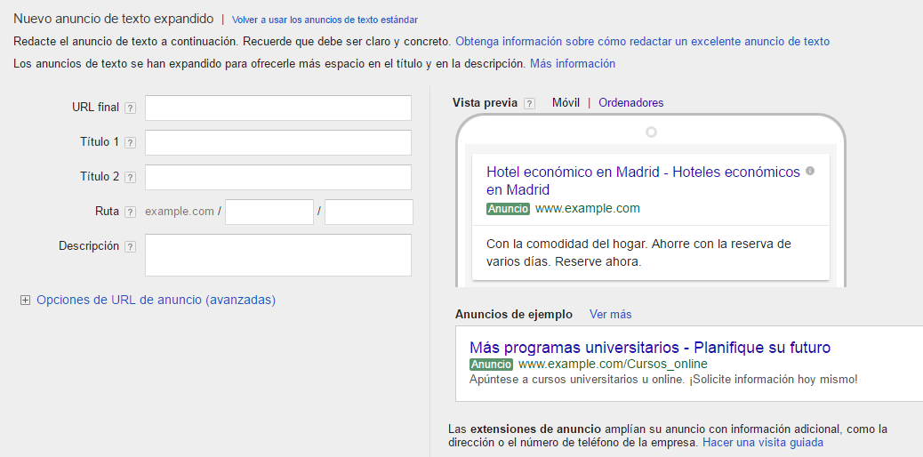 La descripción en Adwords