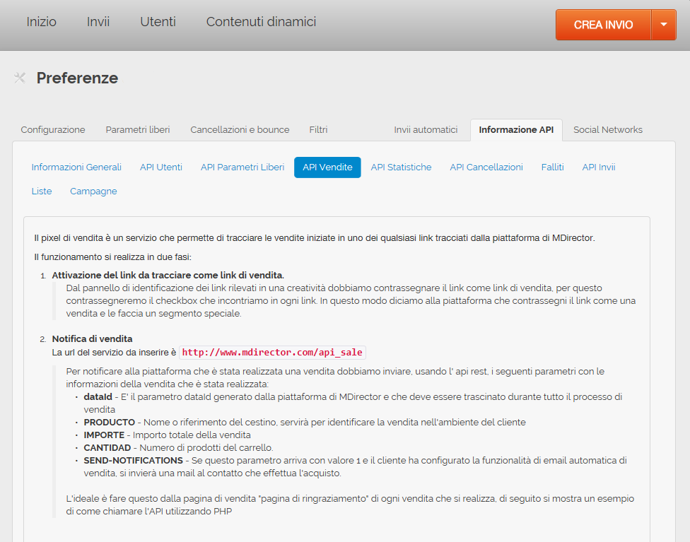 misurare le vendite generate via mail: Informazione API Vendite