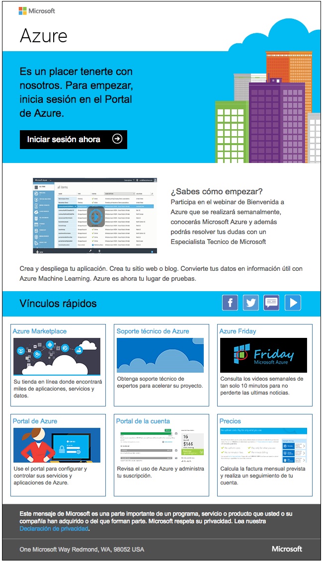 email de bienvenida Microsoft Azure