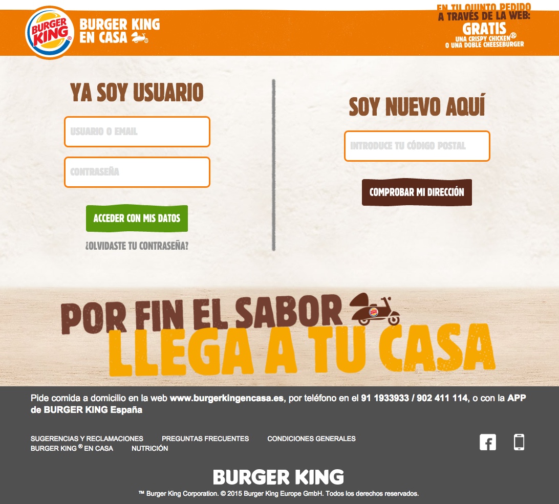 landing pages de captación: Burger King