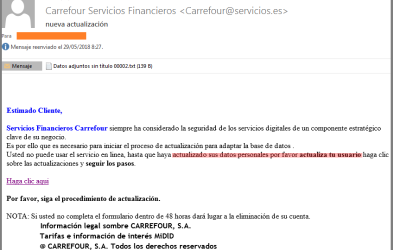 Solicitud de datos personales phishing