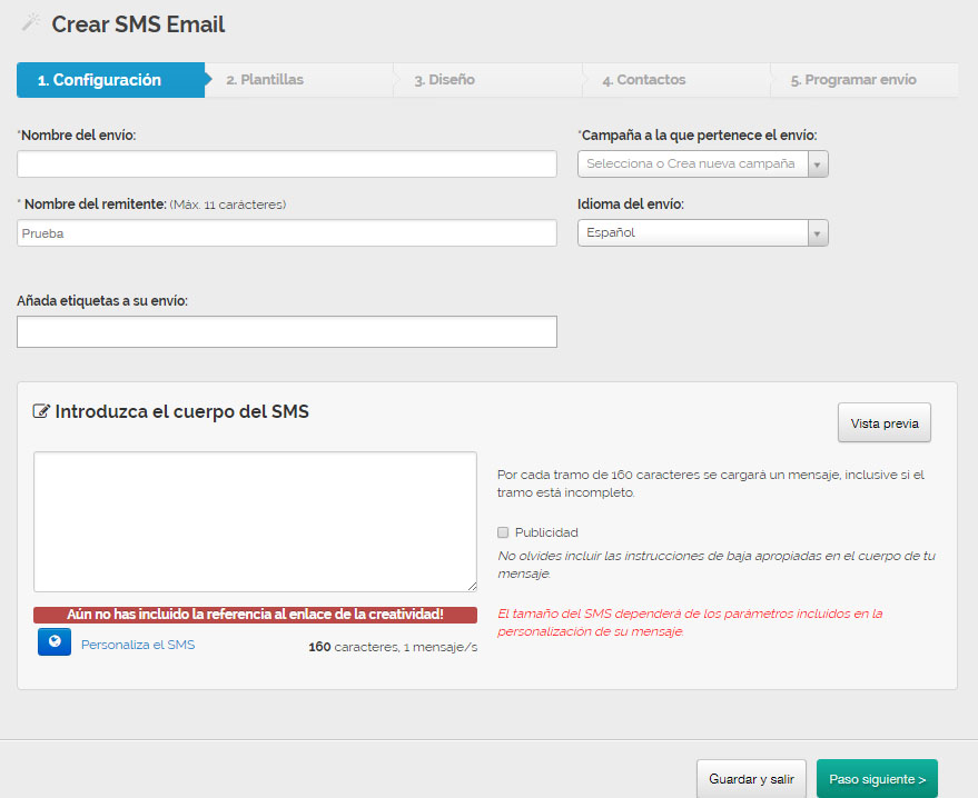 herramienta de SMS Marketing: Crear sms email con enlace