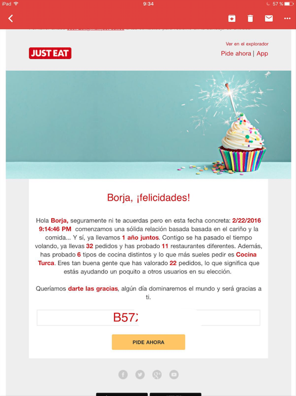 email automático de Just Eat