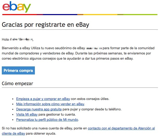 email de bienvenida eBay