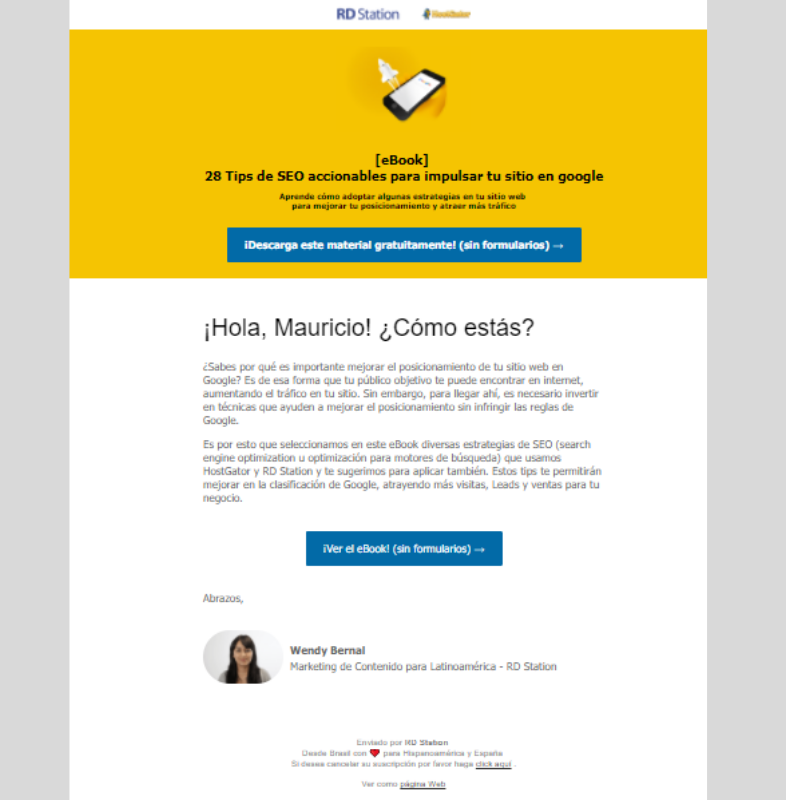 Email personalizado para ofrecer ebook