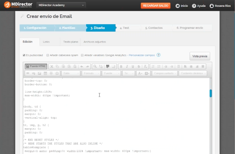 pasps para entender el editor avanzado de emails de MDirector