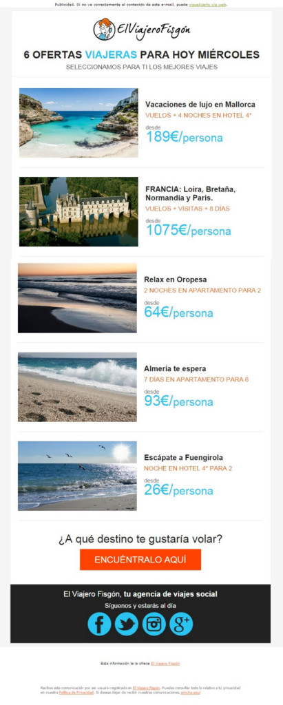 ejemplos de campañas exitosas de email marketing: El viajero fisgón