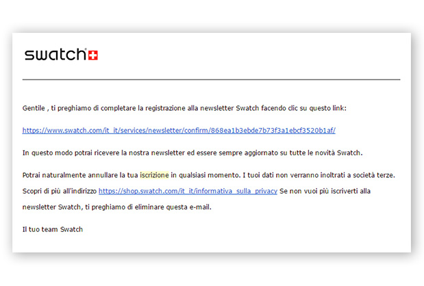 email conferma iscrizione swatch