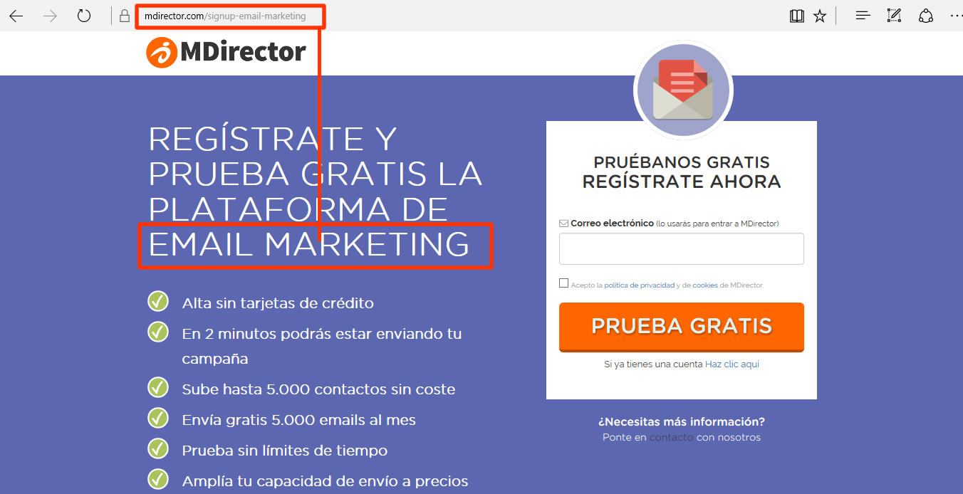 landing page email marketing MDirector