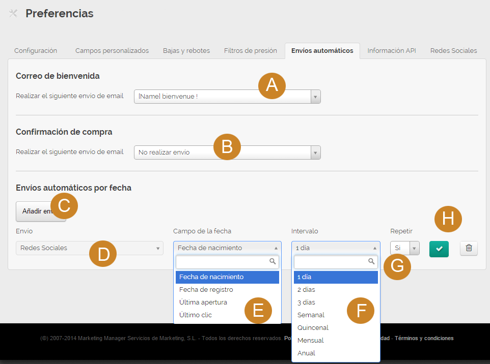 Prefrencias de los envíos automáticos de MDirector