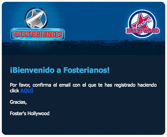 email de bienvenida Foster's Hollywood