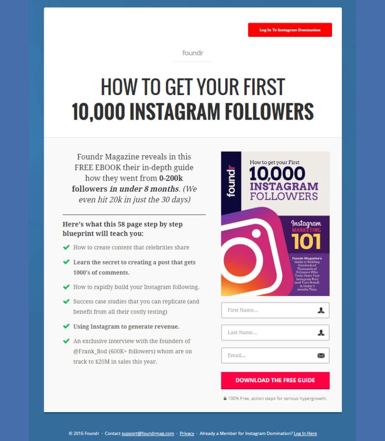 Ejemplos de landing pages de ebooks: Foundr 