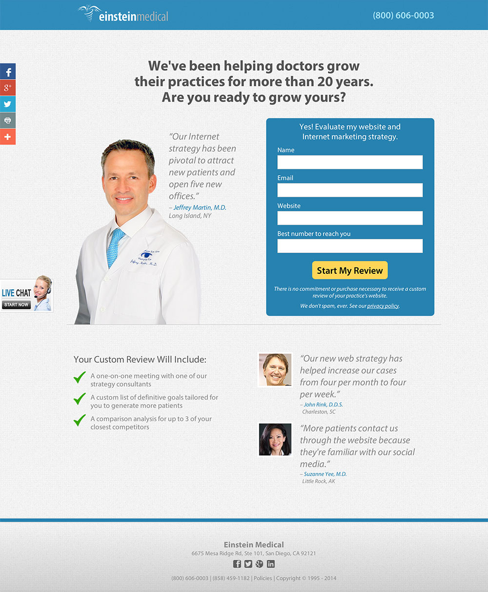 Incorpora testimonios en landing pages: Einstein Medical 