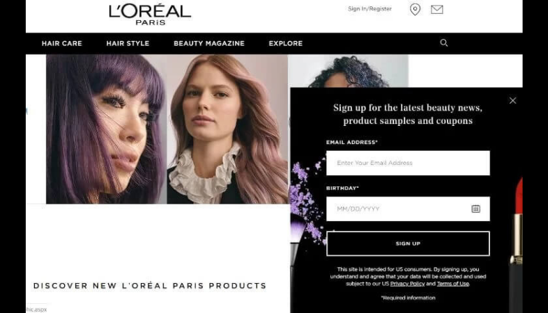 Ejemplos de formularios pop up efectivos: L’Oreal Paris