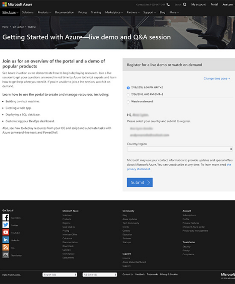 Microsoft Azure: Landing pages para webinars