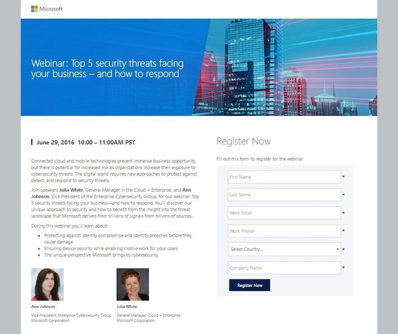 Microsoft: Landing pages para webinars