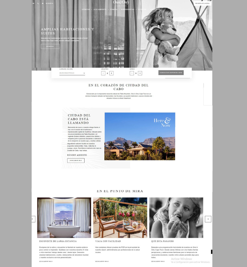 Modelos de landing page para hoteles: One and Only Cape Town