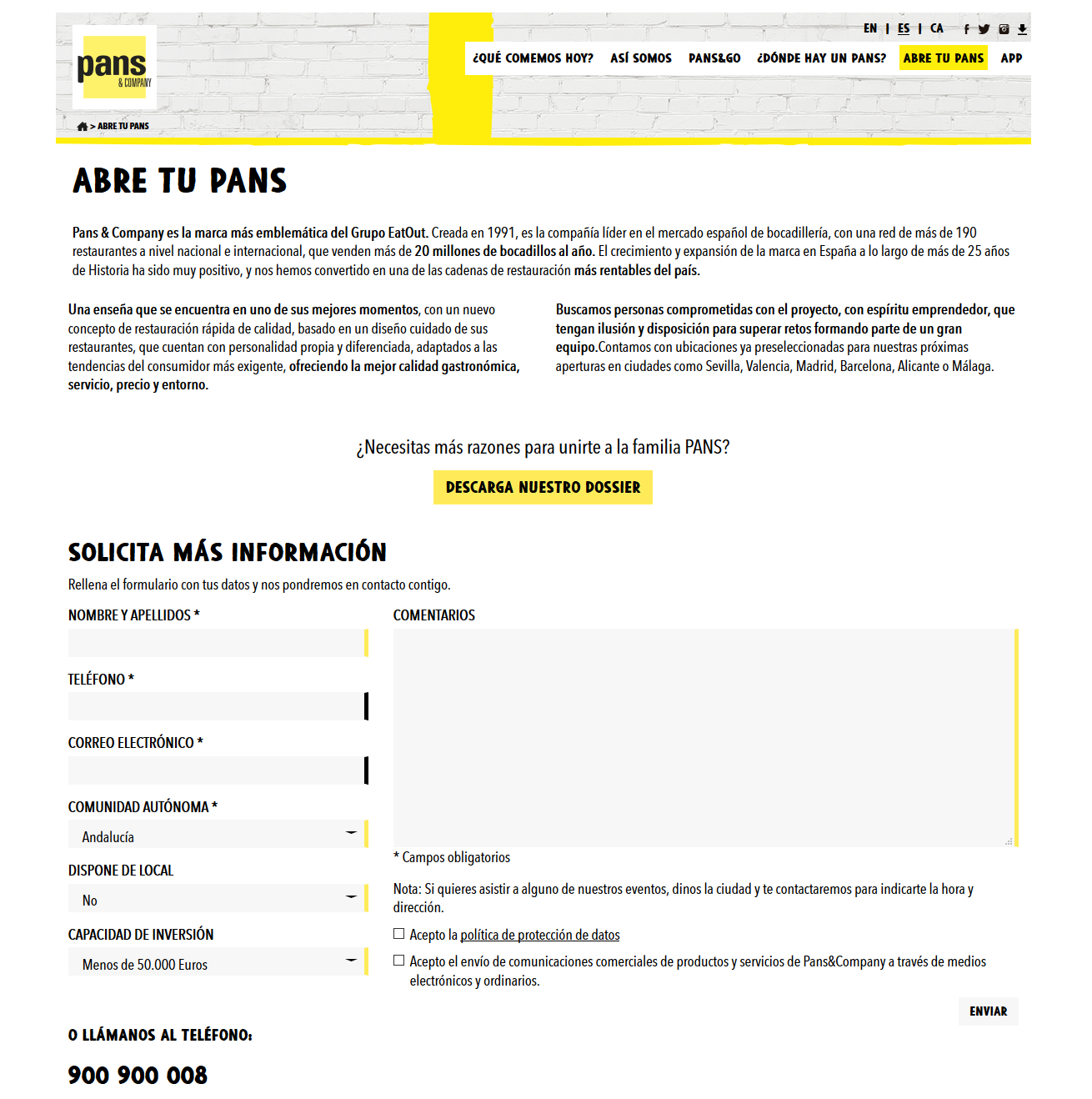 landing pages del sector restauración: Pans & Company