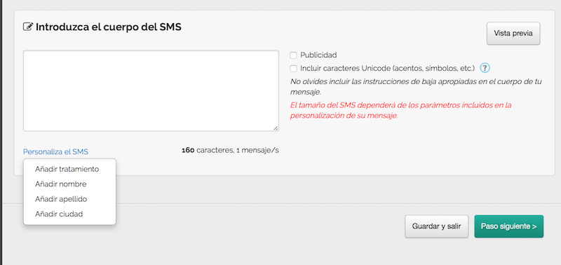 Paso 2 para enviar sms masivos: SMS personalizados