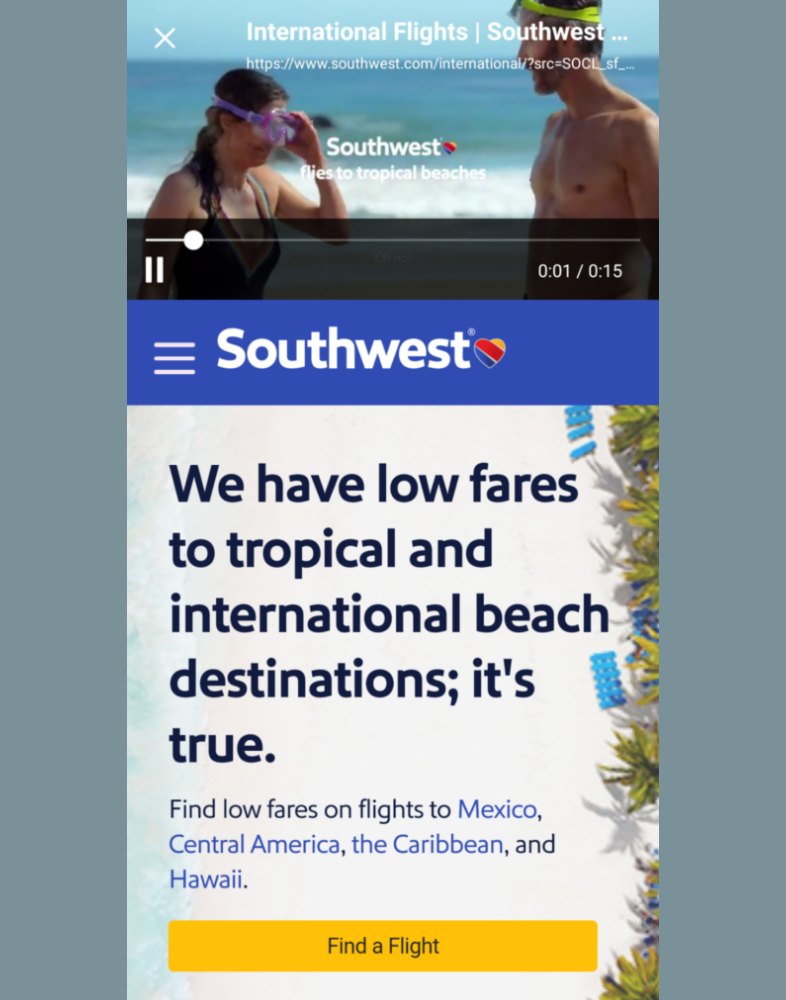 Ejemplos de landing page para redes sociales: Southwest