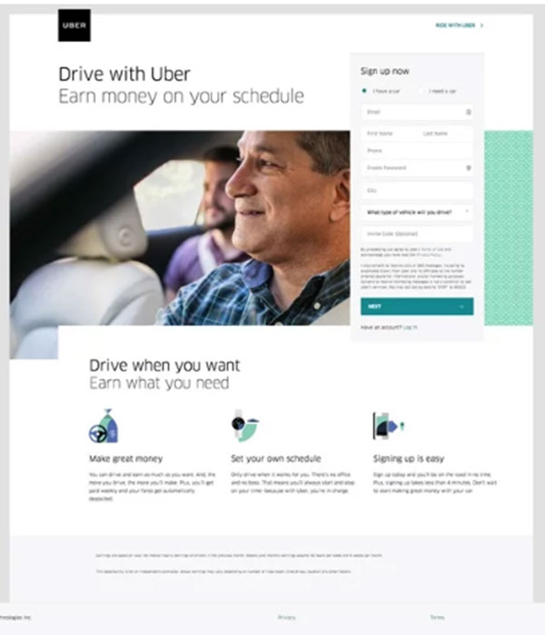 diseño de landing pages en 2019 uber