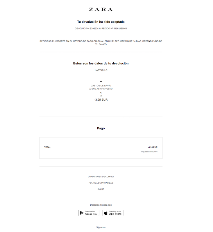 gestionar devoluciones con Email Marketing Zara