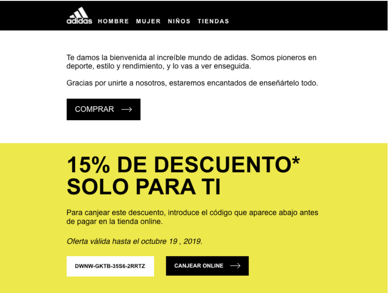 Email de bienvenida de Adidas