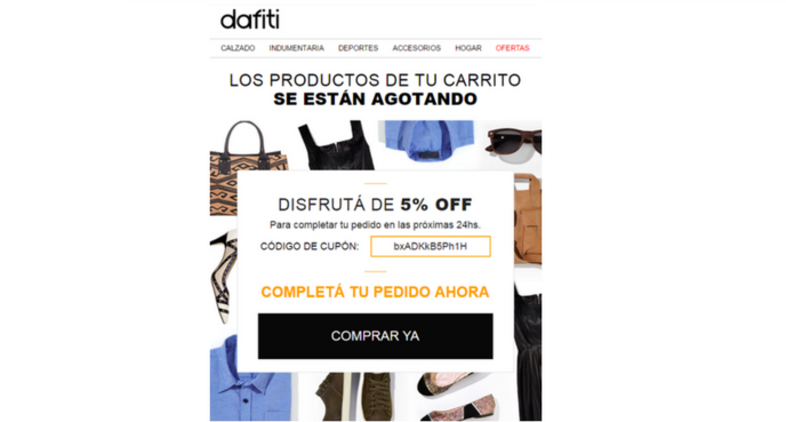 Dafiti: email de carrito abandonado con cupón de descuento