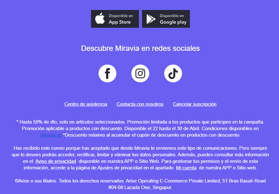 Ejemplo de email de Miravia con el enlace de unsubscribe