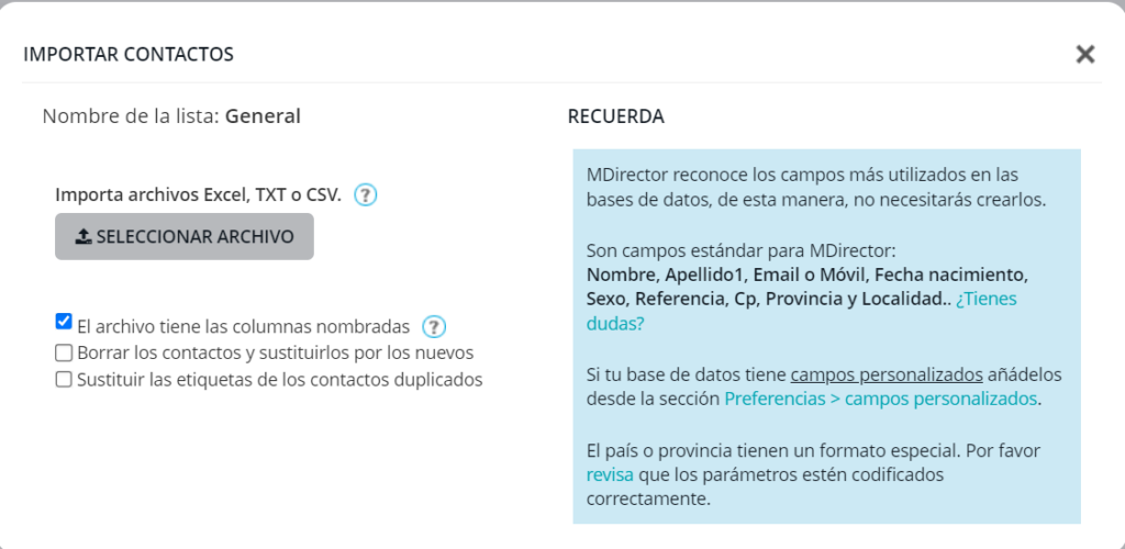 Ejemplo de cómo importar contactos en email marketing