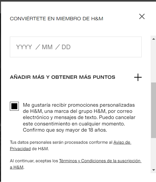 Ejemplo de aceptación en base al RGPD de H&M